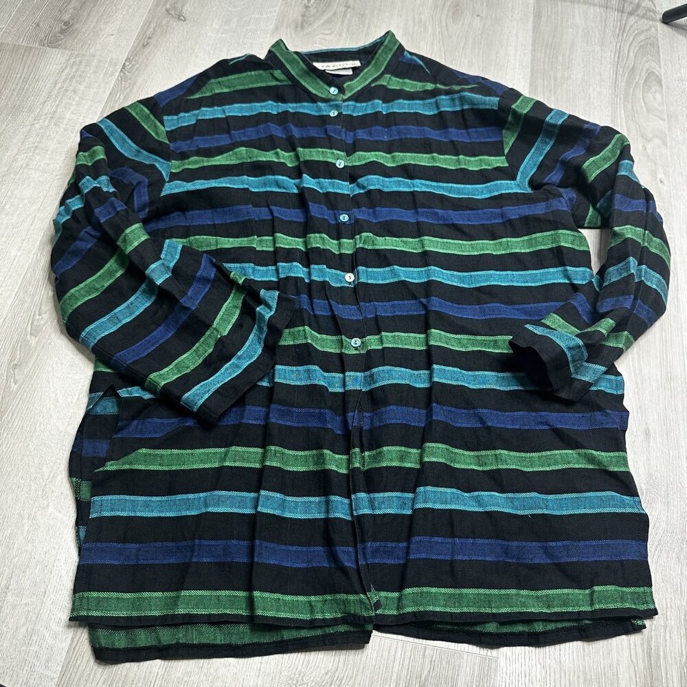 Jaeger Shirt Womens 14 Large‎ Linen Long Sleeve Striped Button Up Vintage Style